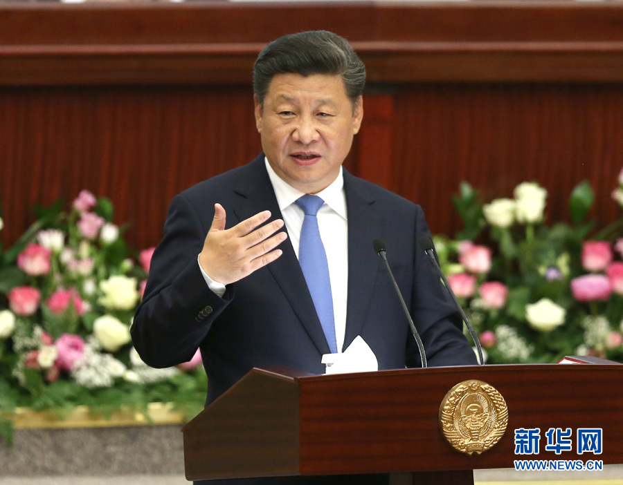 6月22日，國家主席習(xí)近平在塔什干烏茲別克斯坦最高會議立法院發(fā)表題為《攜手共創(chuàng)絲綢之路新輝煌》的重要演講。 新華社記者馬占成攝